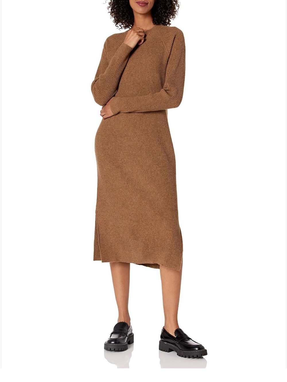 THE DROP Renata Ribbed Brown Long Sleeve Mock Neck Maxi Brown Dress, Small